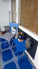 Terrassetje  stoel + bijzettafeltje hardhout blauw + kleed, Bijzettafel, Tuinset, Hardhout, Gebruikt