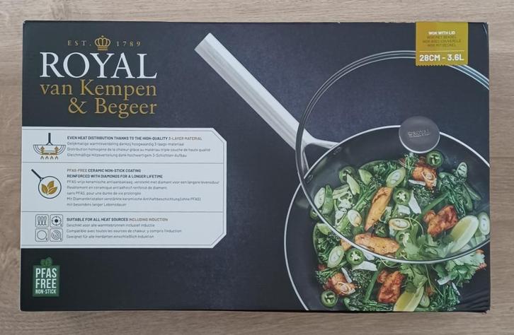 Royal van Kempen & Begeer Wok met deksel 28 cm, 3.6 L NIEUW, Huis en Inrichting, Keuken | Potten en Pannen, Nieuw, Wok, Rvs, Inductieplaat