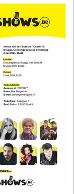 2 tickets Arnout van den Bossche “Coach” 2 mei in Brugge, Tickets en Kaartjes, Theater | Cabaret en Komedie, Mei, Twee personen