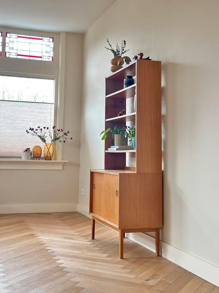 Wandmeubel eiken hout Deens jaren 50/60 modulair, Huis en Inrichting, Kasten | Wandmeubels, Gebruikt, 150 tot 200 cm, Minder dan 150 cm
