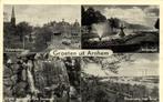 Groeten uit Arnhem - 4 afb o.a. Panorama Velperplein - 1955, Verzamelen, 1940 tot 1960, Gelopen, Gelderland, Ophalen of Verzenden