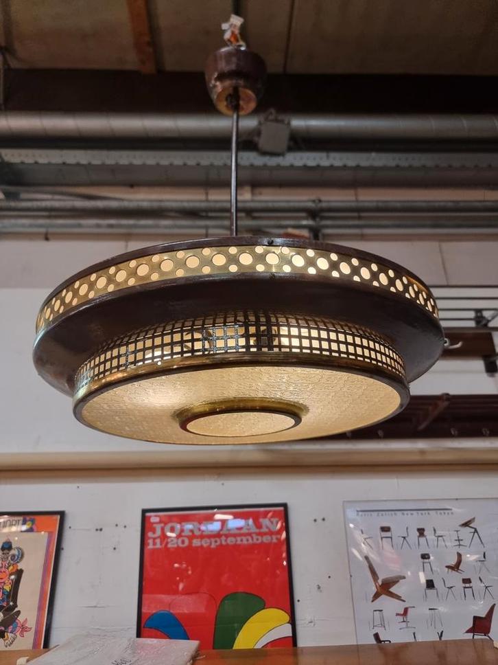 Vintage UFO hanglamp Ludib Bratislava, Huis en Inrichting, Lampen | Hanglampen, Zo goed als nieuw, Minder dan 50 cm, Glas, Metaal