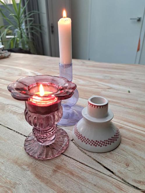 Set van 3 Sfeervolle kandelaars - glas - keramiek, Huis en Inrichting, Woonaccessoires | Kandelaars en Kaarsen, Zo goed als nieuw