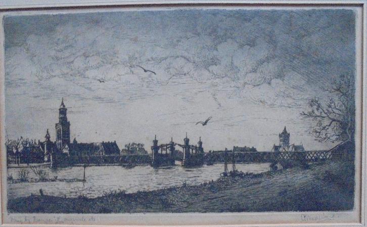 Chr. van der Woerd.1901-1994.Brug bij Kampen., Antiek en Kunst, Kunst | Etsen en Gravures, Ophalen of Verzenden