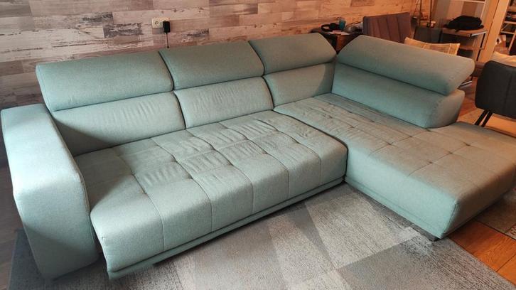 Mintgroene verstelbare Hoekbank / Slaapbank, Huis en Inrichting, Banken | Bankstellen, Gebruikt, Hoekbank, Vierpersoons of meer