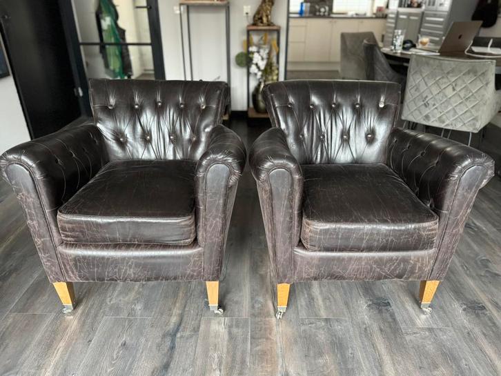 Riviera Maison Paramount fauteuils in pellini leder, Huis en Inrichting, Stoelen, Zo goed als nieuw, Twee, Hout, Bruin, Ophalen