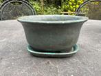 Klein blauwgroen bonsaipotje met onderschaal handgemaakt, Tuin en Terras, Bloempotten, Nieuw, Overige vormen, Aardewerk, Tuin