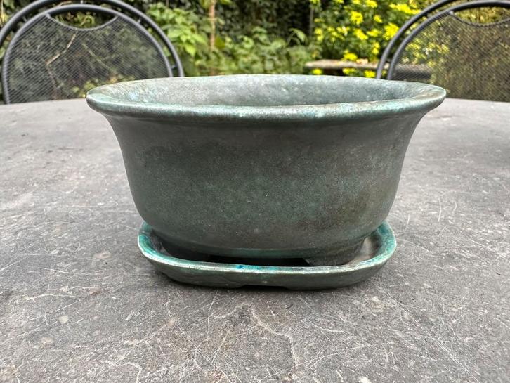 Klein blauwgroen bonsaipotje met onderschaal handgemaakt, Tuin en Terras, Bloempotten, Nieuw, Aardewerk, Binnen, Balkon, Tuin