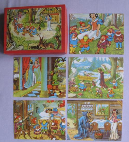 Oud blokkendoosje Sneeuwwitje (6 scenes / 12 houten blokjes), Antiek en Kunst, Antiek | Speelgoed, Ophalen of Verzenden