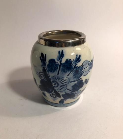 Porseleinen lepelpotje van Delftsblauw, met zilveren rand, Antiek en Kunst, Antiek | Porselein, Ophalen of Verzenden