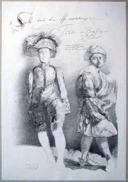 Werner Tübke - Harlekins - Schets Drukgesign., Antiek en Kunst, Kunst | Tekeningen en Foto's, Ophalen of Verzenden