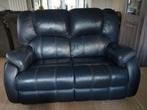 Bankstel 2-zits echt leer blauw, Huis en Inrichting, Banken | Bankstellen, Ophalen, Gebruikt, Tweepersoons, Rechte bank
