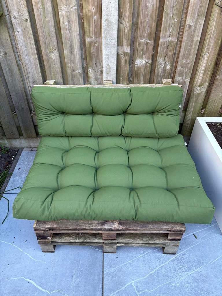 Palletbank met kussens, Gebruikt, Eenpersoons, Minder dan 75 cm, Ophalen of Verzenden