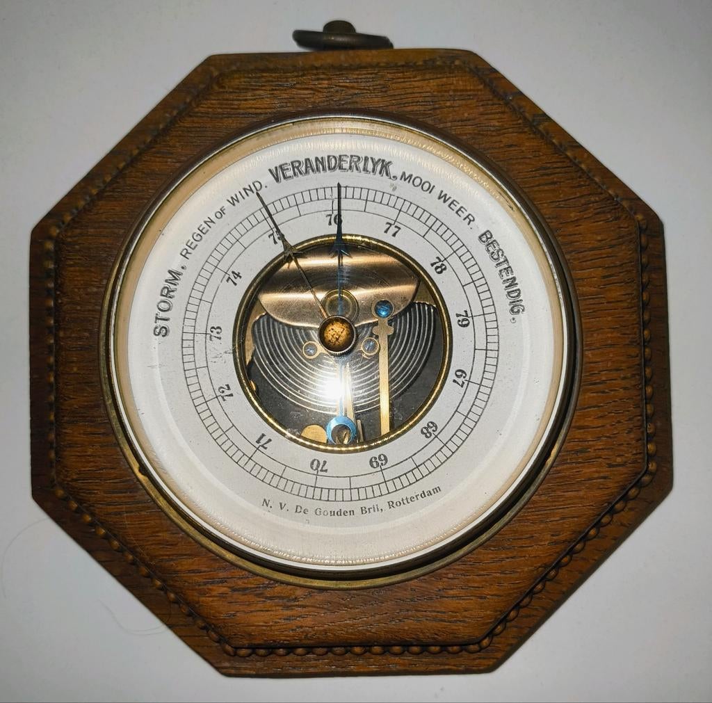 Antieke, Rotterdamse eiken art deco barometer +- 1930, Ophalen of Verzenden, Gebruikt, Barometer
