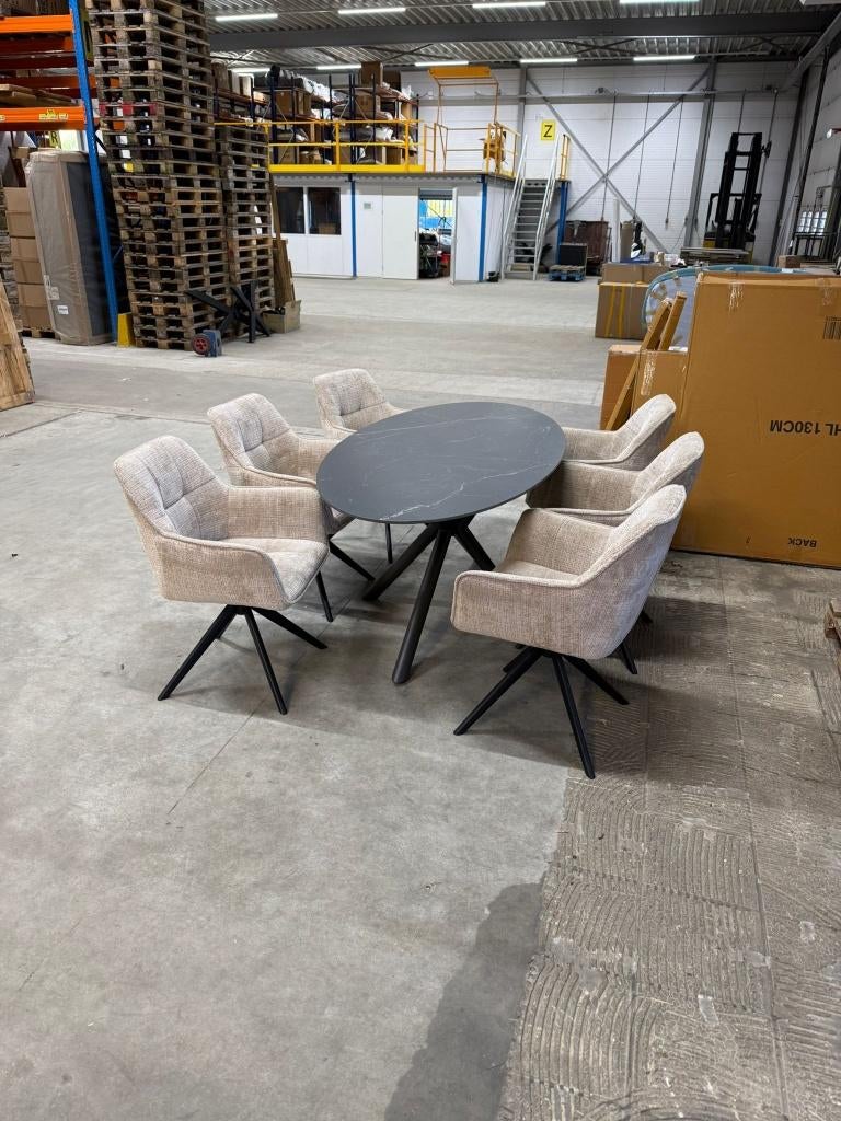 Showmodel eettafel + 6 draaistoelen, Ophalen, Overige materialen, Luxe, 50 tot 100 cm