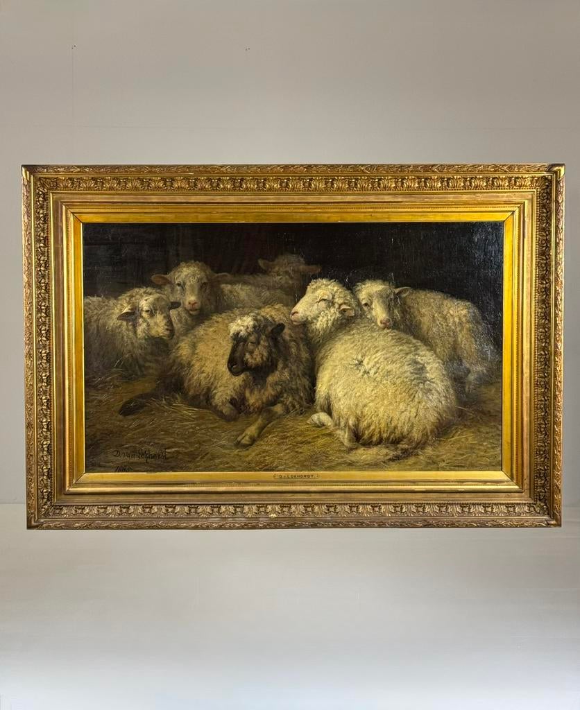 Schilderij schapen in de stal D. Van Lokhorst 19e eeuw, Ophalen