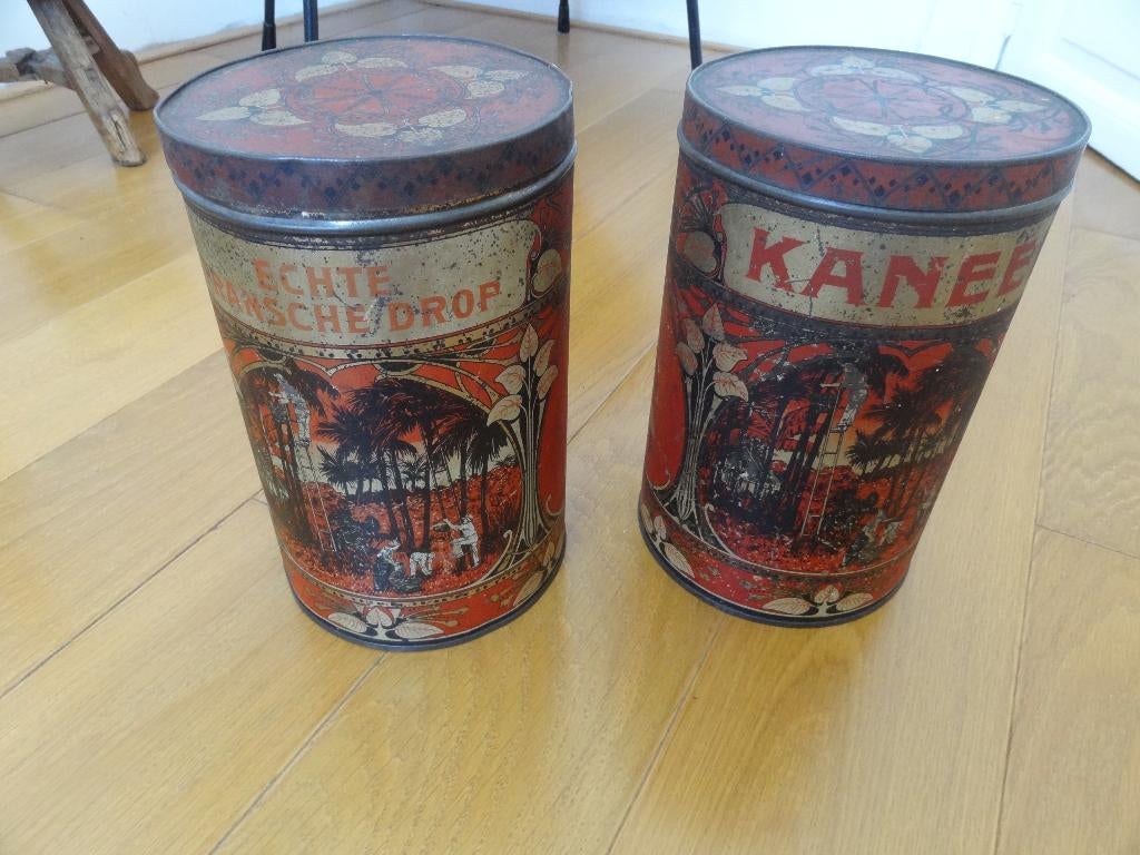 2 grote zeer oude blikken; Kaneel en Echte Fransche drop, Verzamelen, Blikken, Verzenden, Gebruikt, Overige