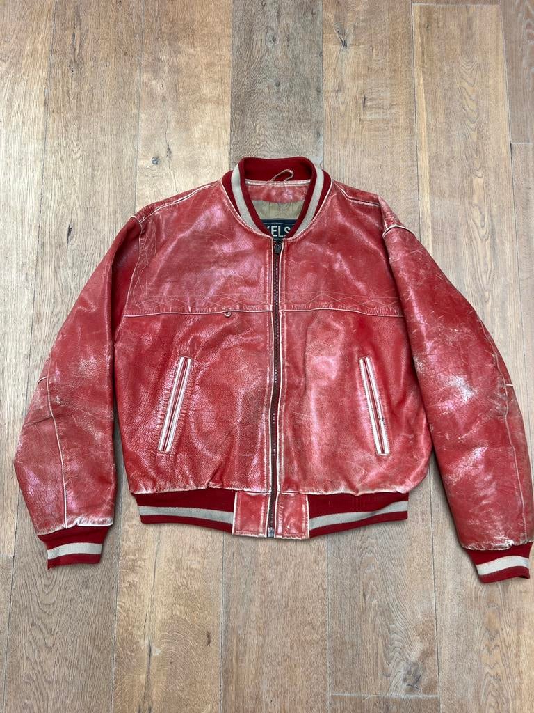Vintage Nickelson Unisex Leren Varsity Bomberjack Rood XL, Ophalen of Verzenden, Gedragen, Maat 56/58 (XL), Rood