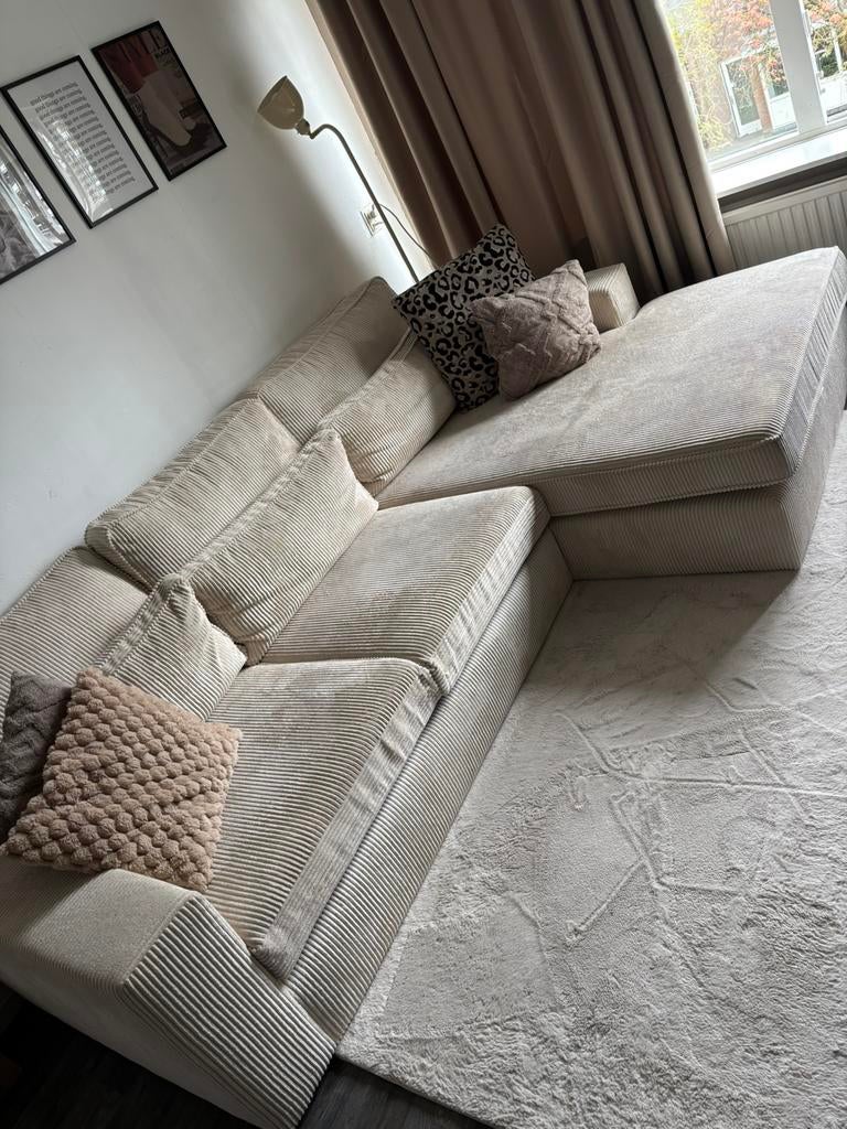 Hoekbank beige ribstof, Huis en Inrichting, Banken | Complete zithoeken, Ophalen, Zo goed als nieuw