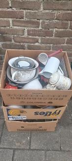 partij brocante emaille potten, pannetjes en keukenspullen, Ophalen