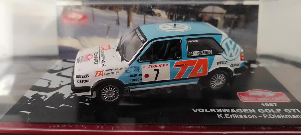 Volkswagen Golf GTi rally Monte Carlo 1987 1:43 in vitrine., Ophalen of Verzenden, Auto, Overige merken