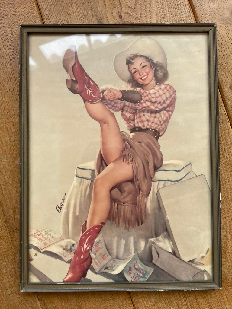 Vintage Gil Elvgren pin-up prent Brown & Bigelow in lijst, Ophalen of Verzenden