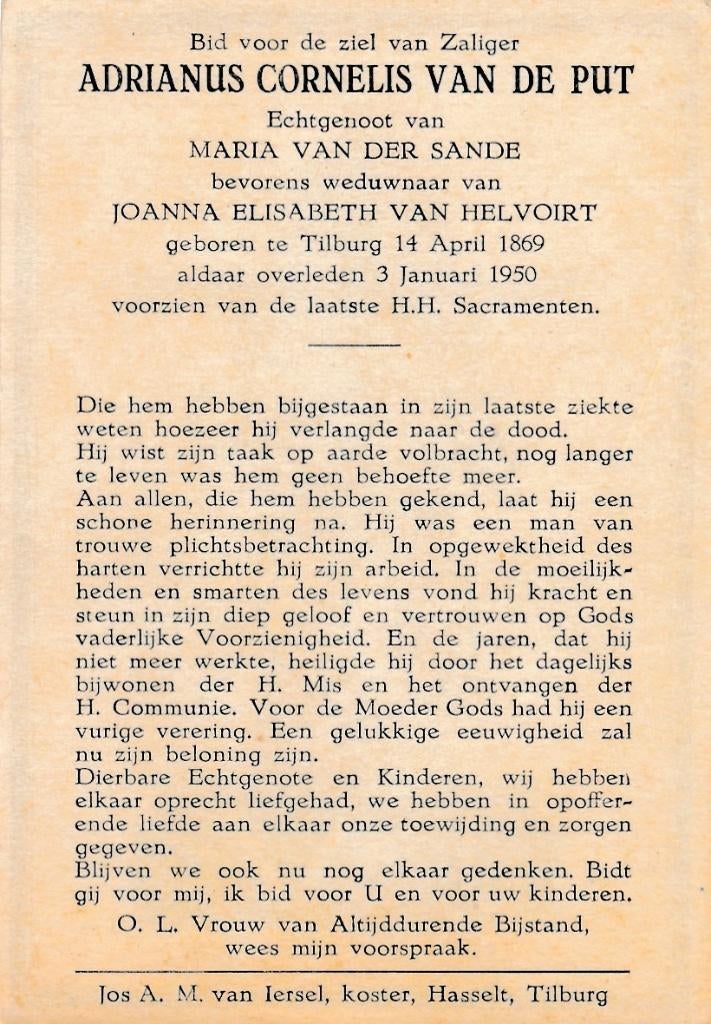 Put Adrianus 1869 Tilburg 1950, Verzamelen, Bidprentjes en Rouwkaarten, Ophalen of Verzenden, Bidprentje
