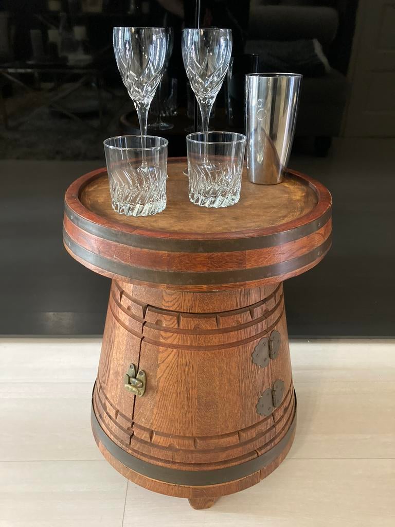 Unieke houten minibar bijzettafel vatvorm drankton wijnton, Ophalen, Minder dan 50 cm, Gebruikt, 50 tot 100 cm