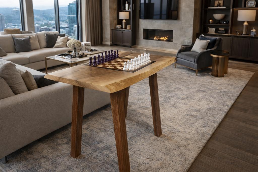 Schaaktafel verwerkt in een houten slab / schaaldeel, Huis en Inrichting, Tafels | Bijzettafels, Nieuw, Overige vormen, 60 cm of meer