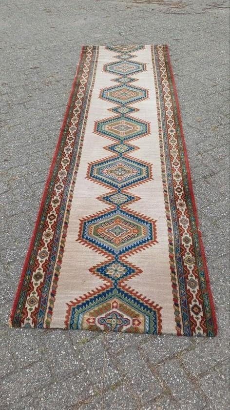 Vintage tapijt loper mooie kleuren 90 cm breed 330 cm lang, Ophalen, Blauw, 200 cm of meer, 50 tot 100 cm
