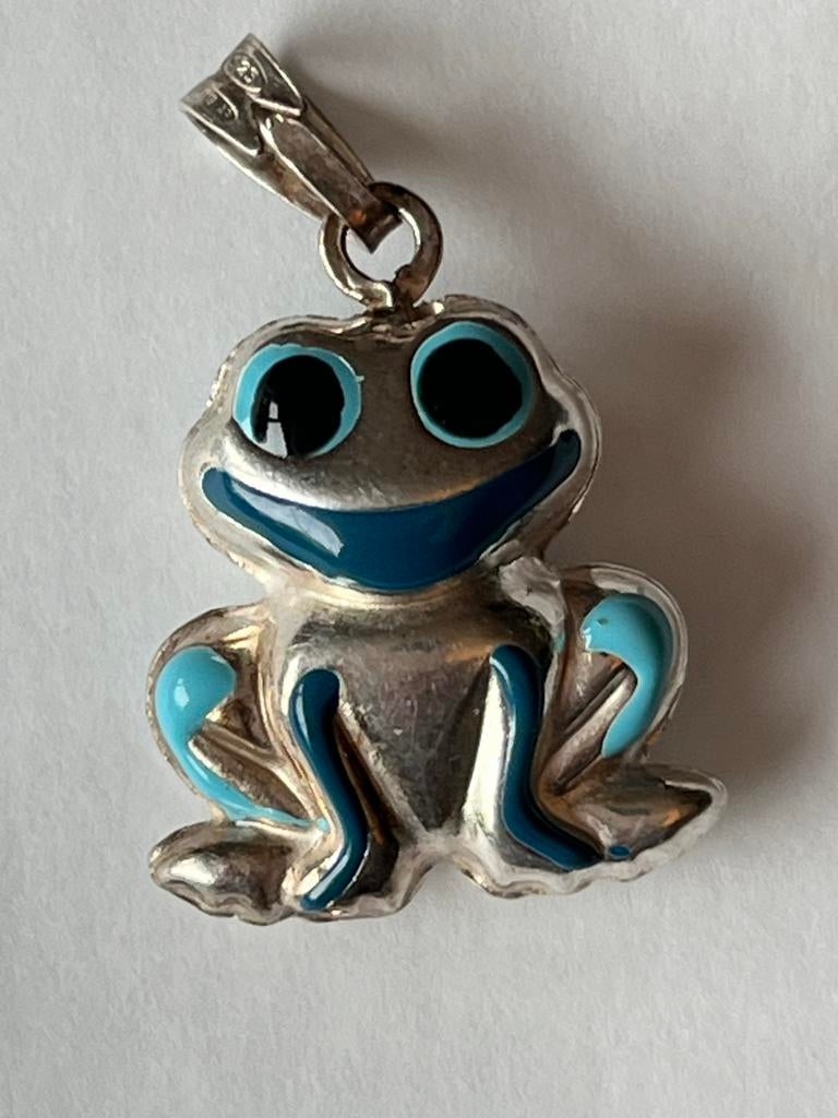Zilveren Kikker Hanger met Blauw Emaille - Gekeurd, Sieraden, Tassen en Uiterlijk, Zo goed als nieuw, Dier, Zilver, Verzenden