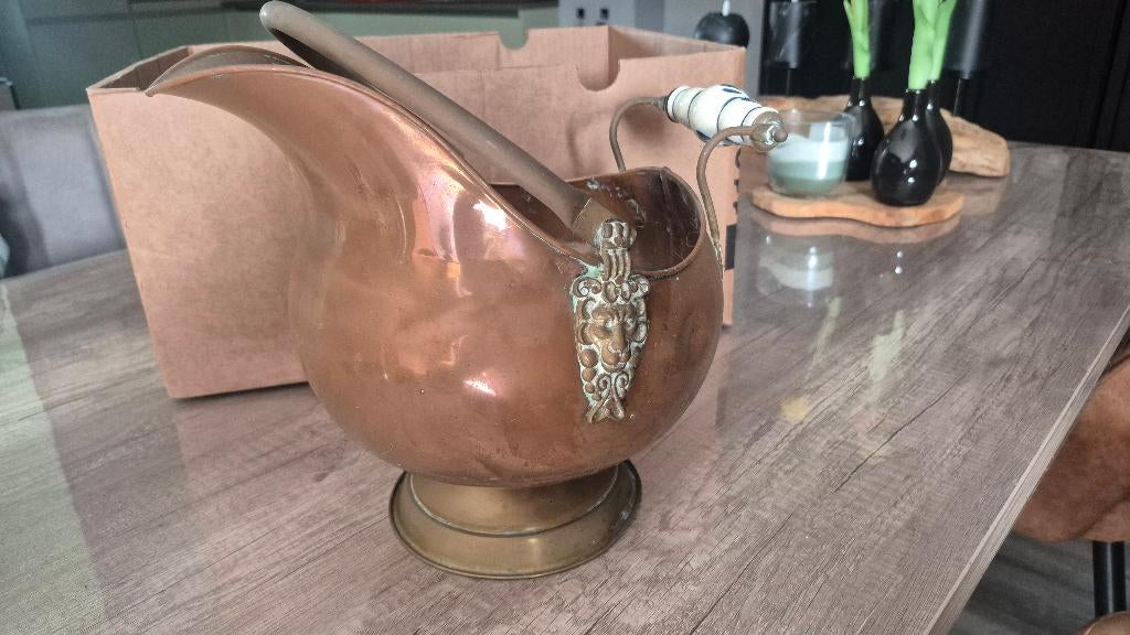 Koperen kolenkit / ketel met Delfts blauw handvat, Ophalen of Verzenden, Koper