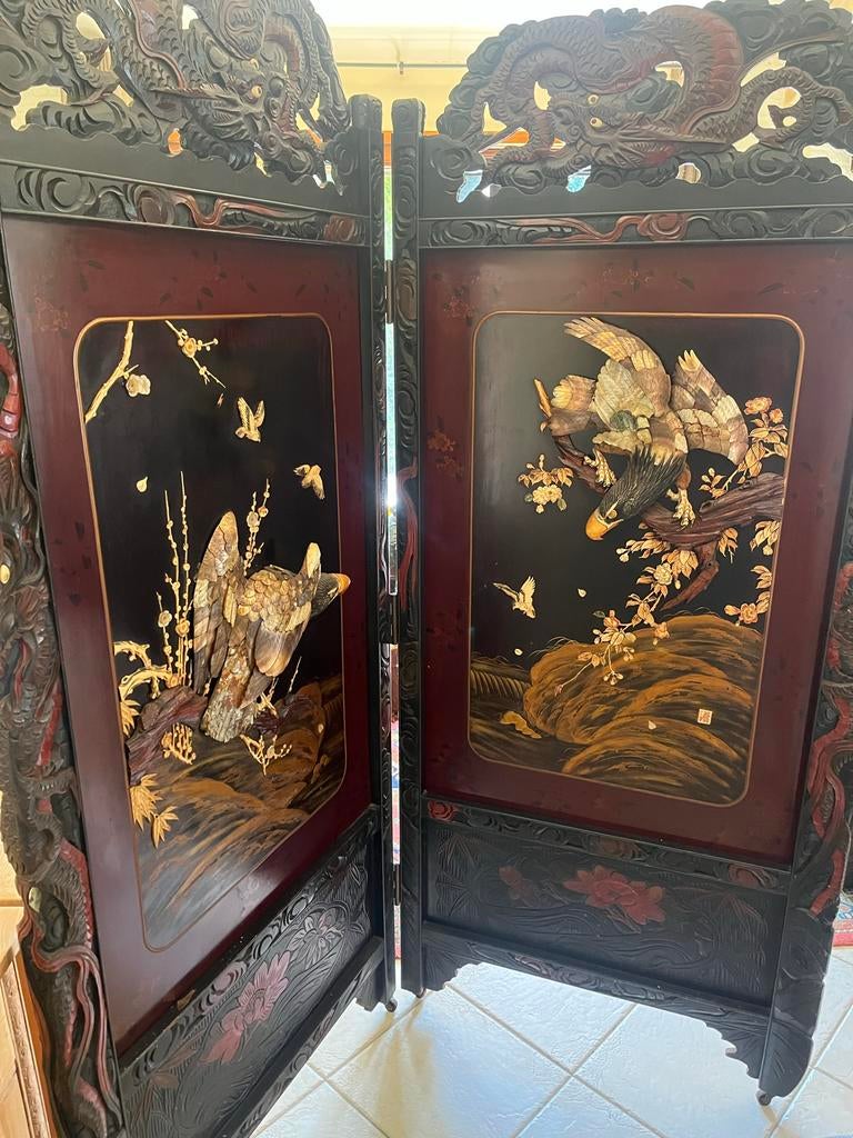 Antiek Chinees kamerscherm met adelaars en parelmoer, Antiek en Kunst, Ophalen