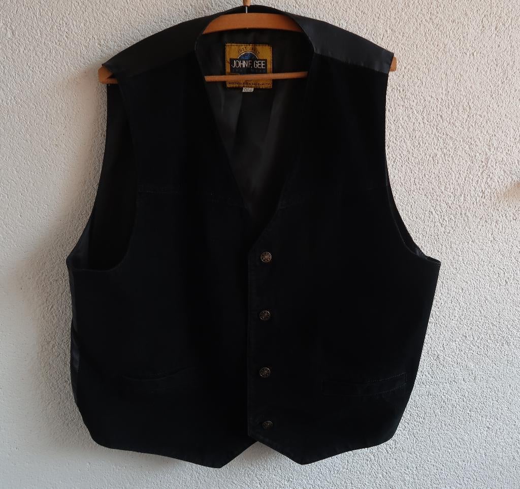 Vintage leren gilet vest John F Gee zwart leer polyester XXL, Zwart, Maat 56/58 (XL), JOHN F. GEE, Ophalen of Verzenden