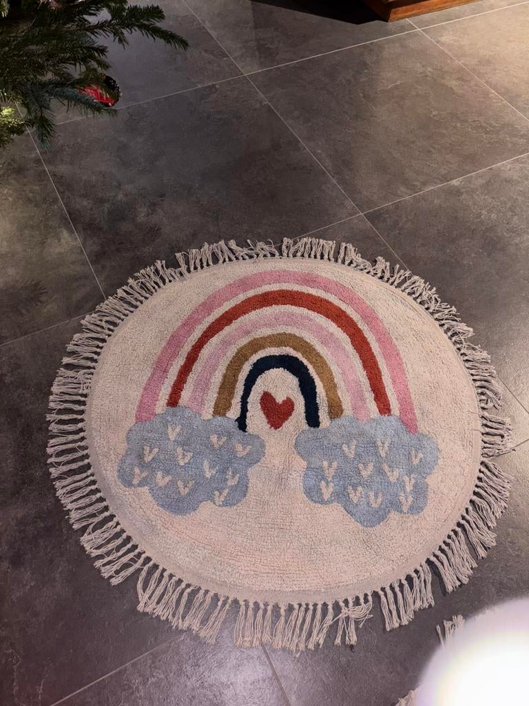 Rond vloerkleed geturfd katoen met regenboog motief., 50 tot 100 cm, Overige kleuren, Rond, Ophalen of Verzenden