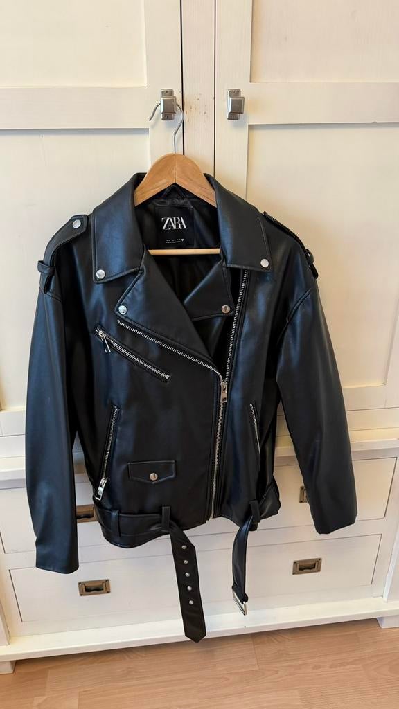 Zara oversized leren jas mt S zgan zwart, Ophalen of Verzenden, Zo goed als nieuw, Maat 36 (S), Zara