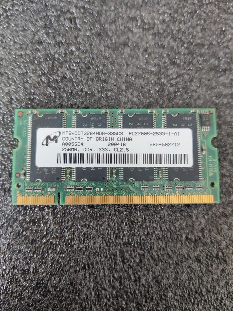 Micron 256MB DDR SODIMM RAM 333MHz CL2.5, Computers en Software, RAM geheugen, Ophalen of Verzenden, DDR, Laptop, Gebruikt