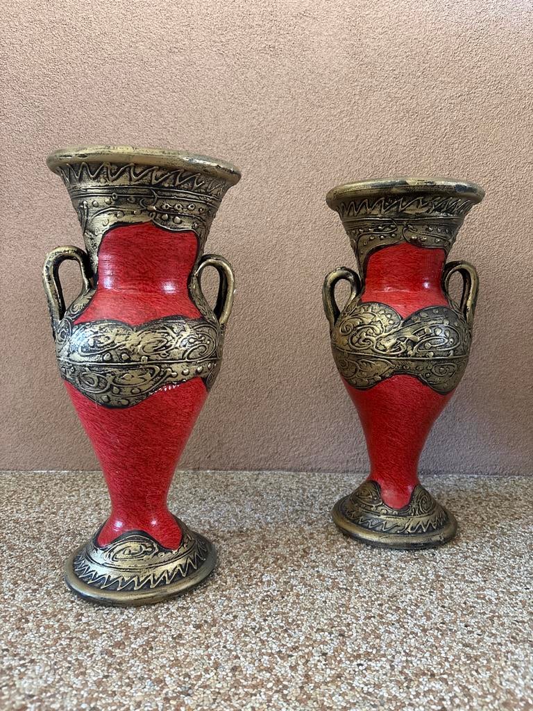 Set van 2 Marokkaanse Vazen - Rood met Goud, 40 cm Hoog, Overige materialen, Gebruikt, Ophalen of Verzenden, Minder dan 50 cm