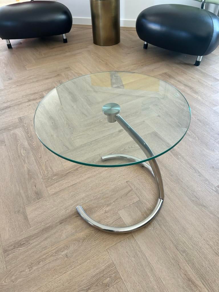 Leuk bijzettafeltje met glazen blad, Huis en Inrichting, Minder dan 55 cm, Gebruikt, Rond, Glas