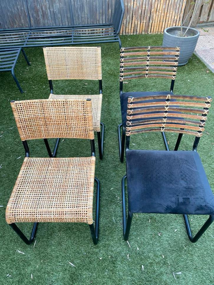 4 eetkamerstoelen: 2x rotan, 2x bamboe, Ophalen, Gebruikt, Bruin, Riet of Rotan
