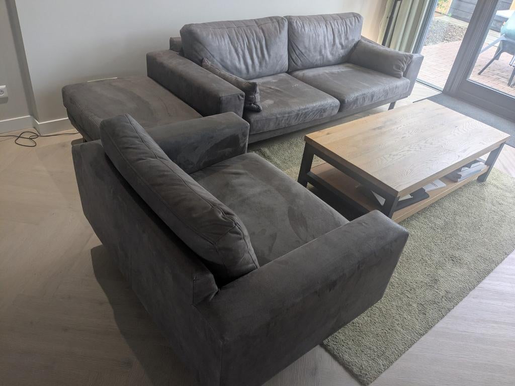 Hoekbank met hocker en love seat bank, Ophalen, Gebruikt, Leer, Rechte bank
