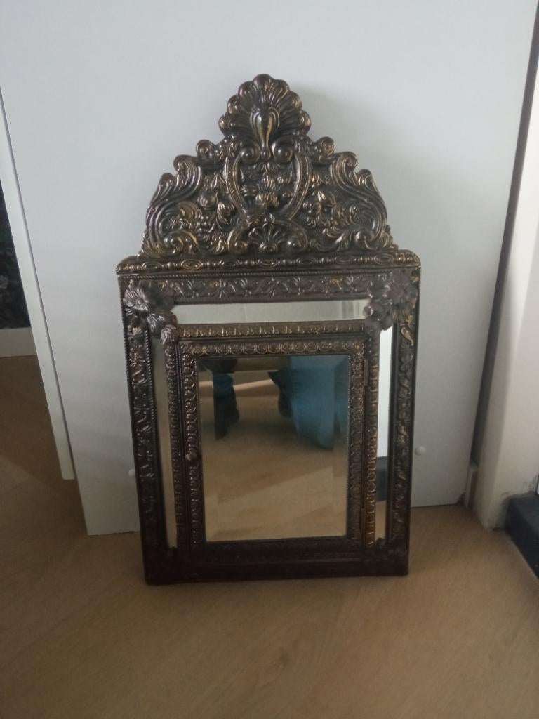 Antieke koperen spiegel, Antiek en Kunst, Ophalen, Rechthoekig, Minder dan 50 cm, Minder dan 100 cm