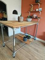 Industriële Bartafel / Werktafel op Wielen – Demontabel, Overige houtsoorten, Gebruikt, 100 tot 150 cm, Vier personen