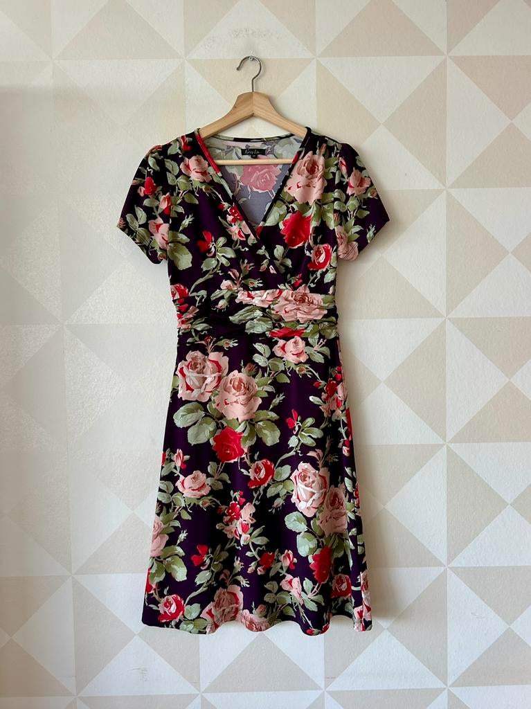 King Louie Cross Dress jurk paars bloemen M/38 zgan, Maat 38/40 (M), Paars, Ophalen of Verzenden, Zo goed als nieuw