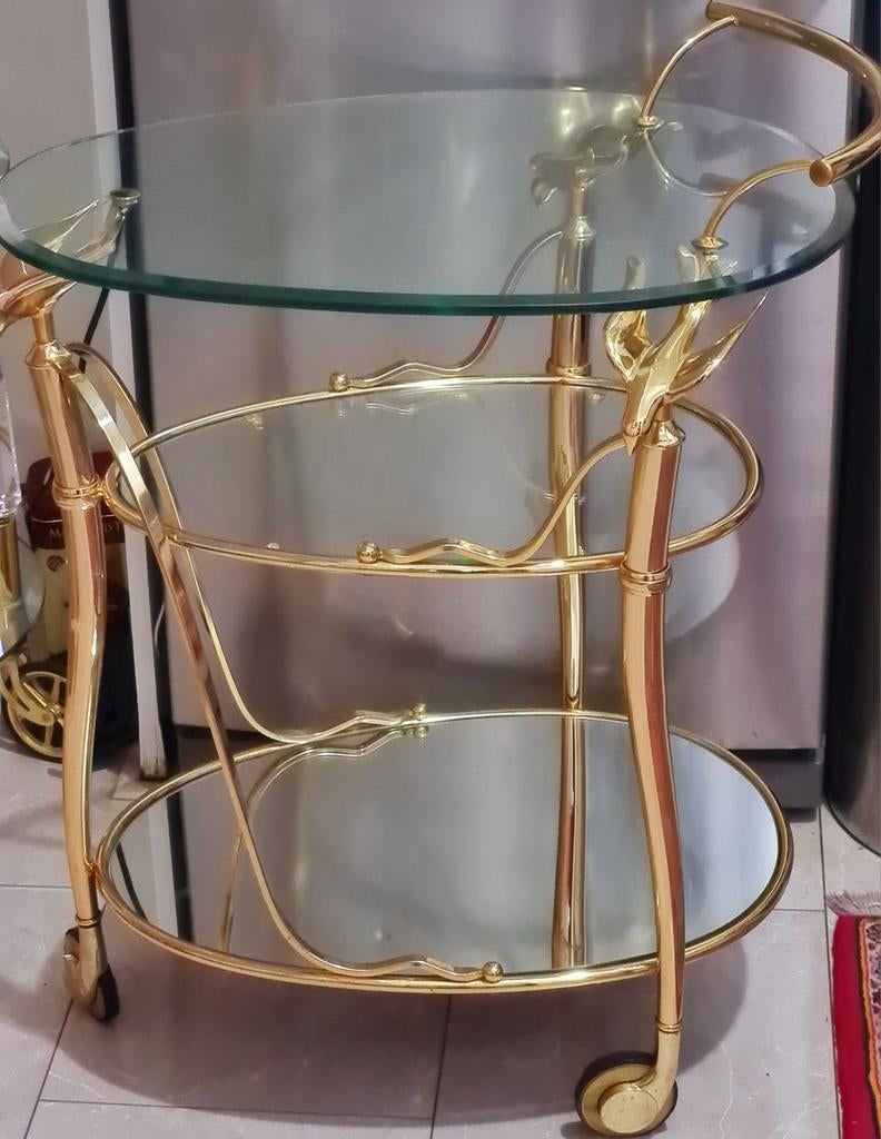 Bladgoud, brass glazen luxe theewagen, Huis en Inrichting, Minder dan 55 cm, Rechthoekig, Ophalen, 45 tot 60 cm