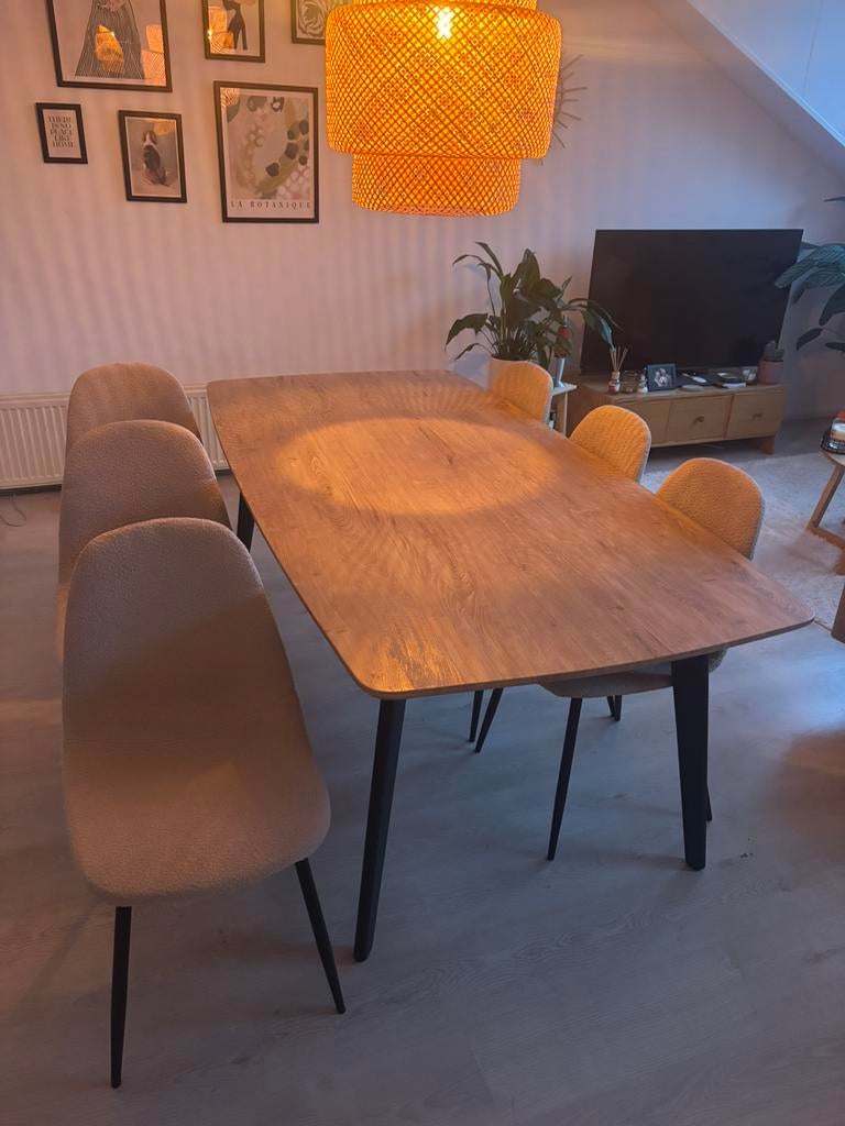 Eettafel + eetkamerstoelen (6 stuks), Huis en Inrichting, Tafels | Eettafels, Ophalen, Eikenhout, 200 cm of meer, 50 tot 100 cm