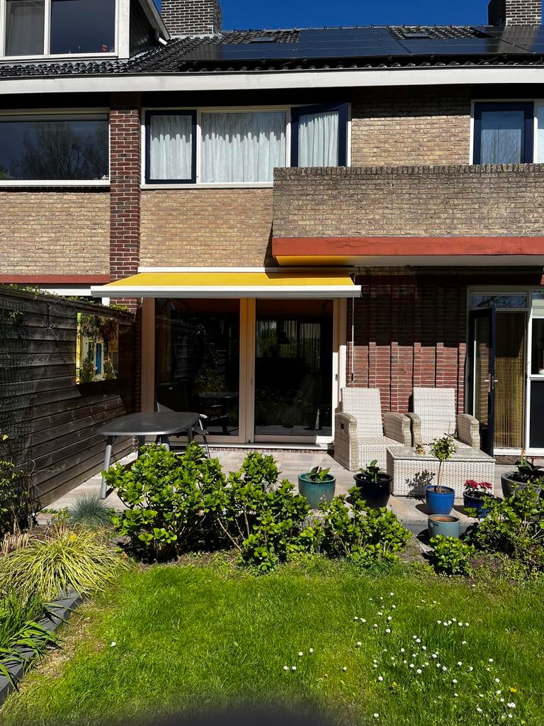 Zonnescherm knikarm., Tuin en Terras, Ophalen, Gebruikt, 250 cm tot 450 cm, Knikarmscherm