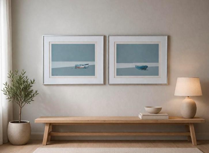 2x ingelijste kunstprints Emilio Prieto Rodríguez – minimali, Huis en Inrichting, Woonaccessoires | Wandplanken en Boekenplanken