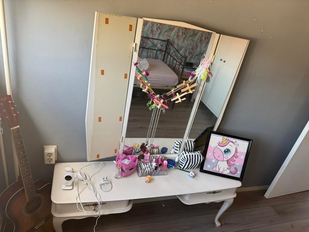 Kaptafel in Queen Ann stijl met drieluik spiegel opknapper, Ophalen, Gebruikt, 50 tot 100 cm, Hout