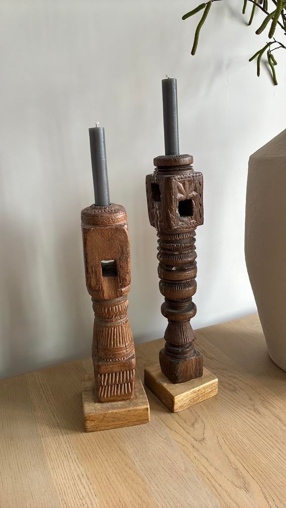 Vintage houten kandelaars, Gebruikt, Ophalen of Verzenden, Kandelaar, Hout